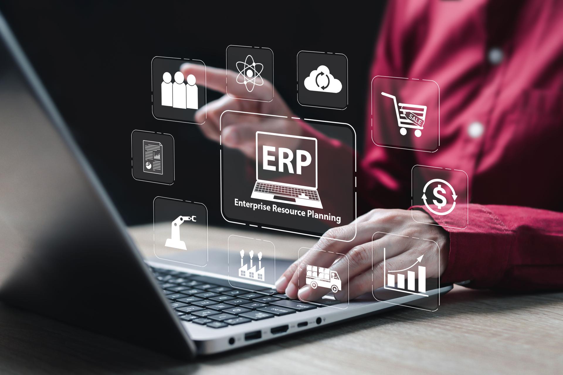 ERP, Enterprise resource planning and Industrial concept, Businesswoman use laptops and automatic software management for Industrial work plan, production, Human resources, Document data,  store