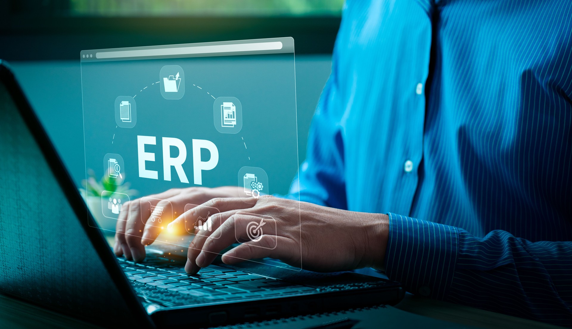 Businessman Using ERP Software System on Virtual Interface, Integrating Business Processes and Data Management Solutions for Efficient Workflow, ERP data icon to analyze marketing technology