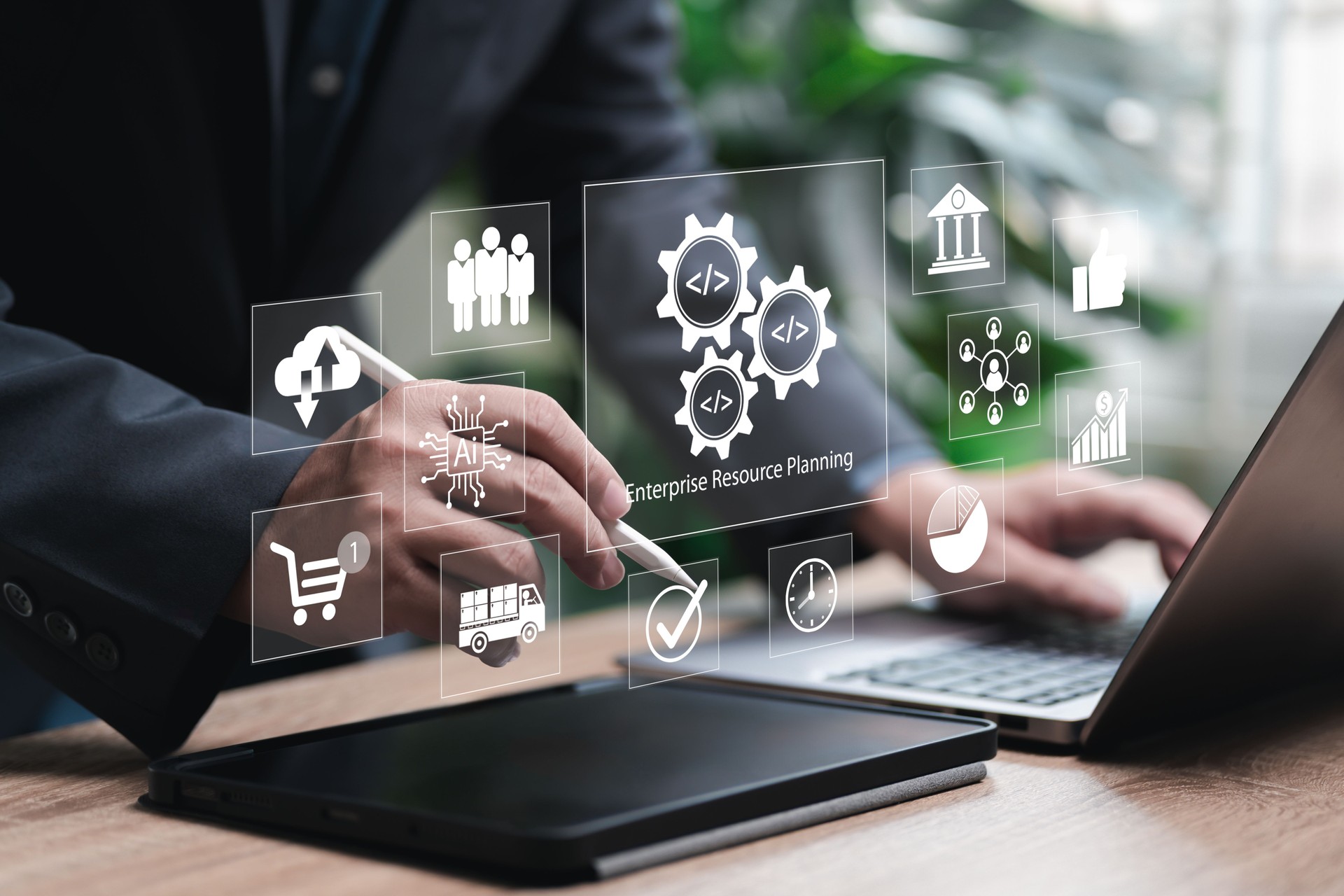 ERP, Enterprise resource planning concept. Businessman use software applications help organisations manage business processes, finance, human resources, supply chain, Customer relationship management