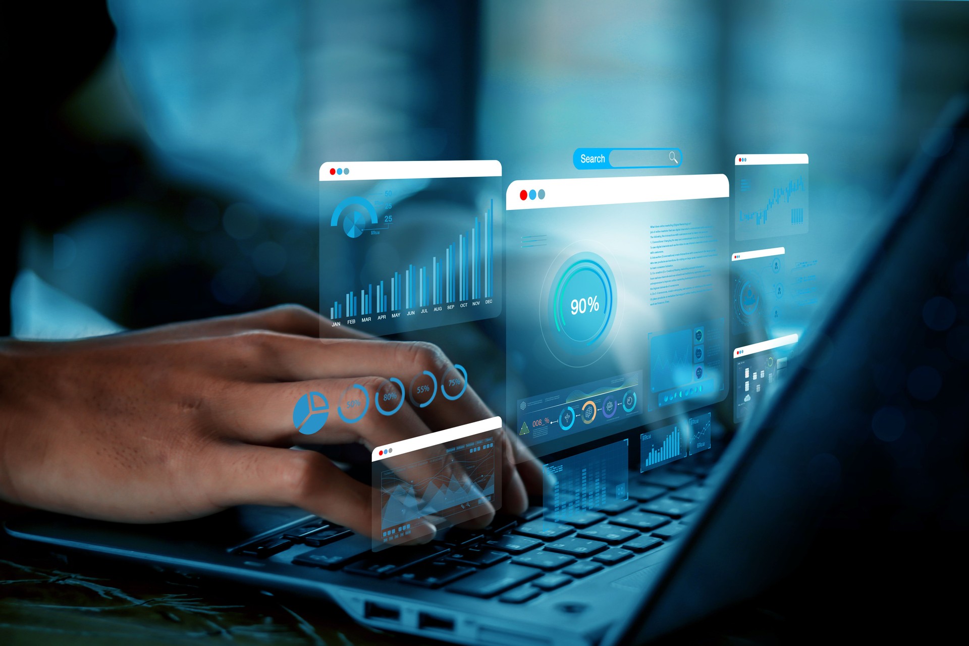 Businessman using computer for development and Analytics Data technology management System for report marketing strategy planning. graph analysis and information on a futuristic virtual screen.