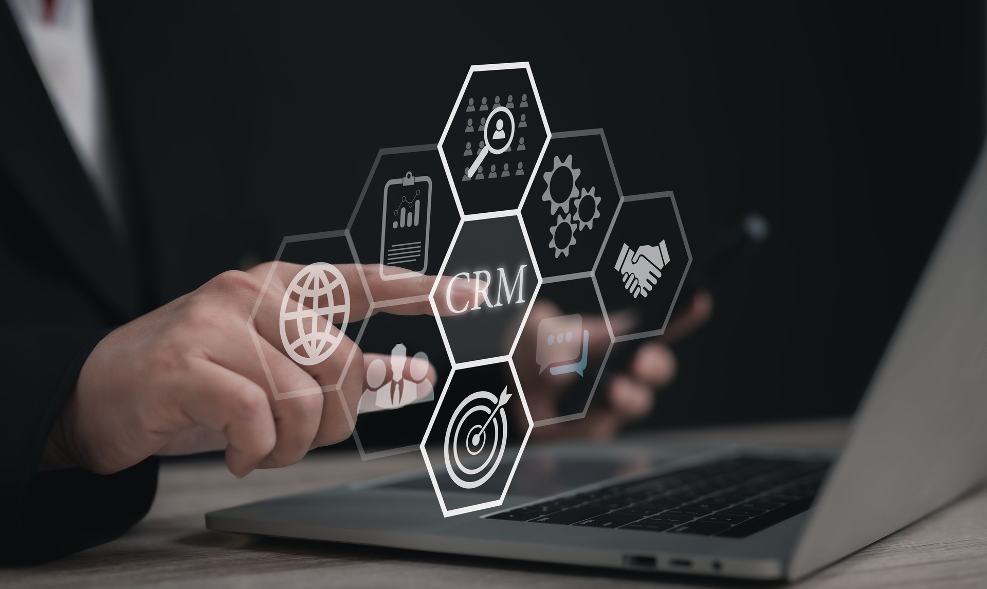 Concept Successful CRM Implementation : Businessman Using Technology for Effective Customer Relationship Management and using Collaborative Business Strategies for Marketing and Financial Growth.