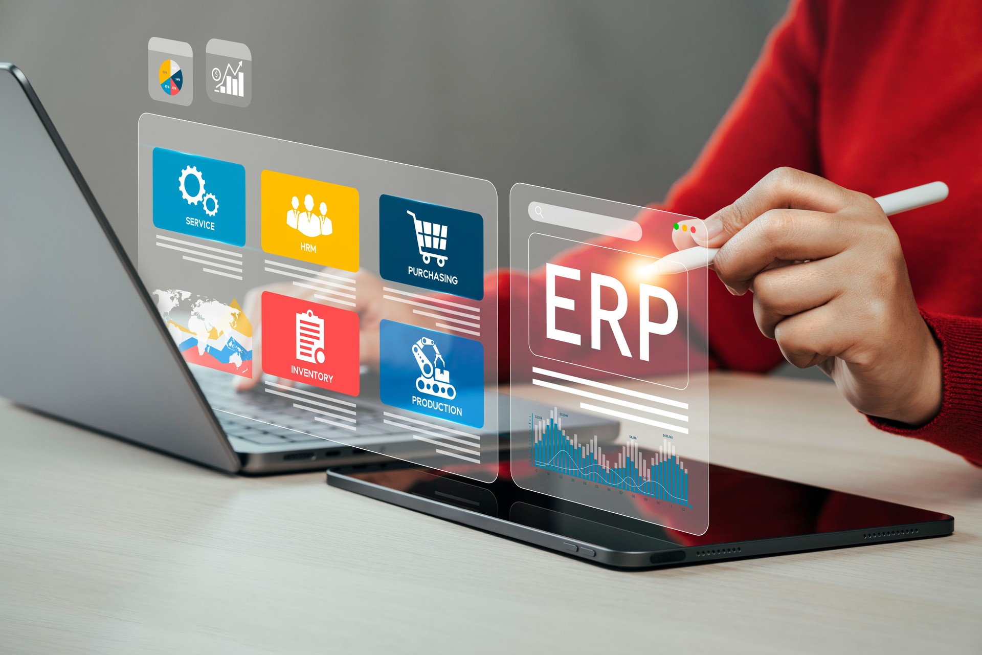 ERP enterprise resource and planning concept, business concept, AI and future technology. Businessman using computer to display virtual digital screen.