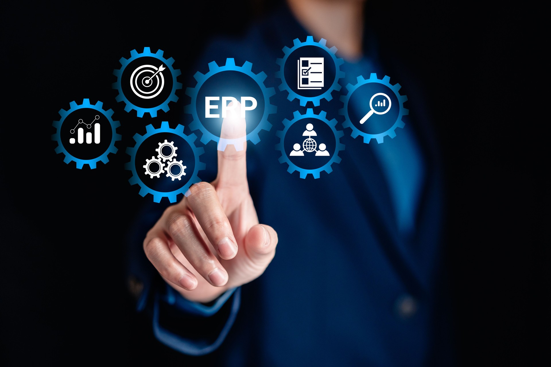 Businesswomen touch to icon virtual Enterprise Resource Planning (ERP) concept, software managment business activities accounting procurement project risk management and supply chain